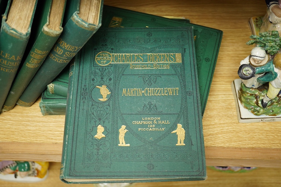 Dickens, Charles - The Works, Household Edition, 16 vols (of 22), 4to, green pictorial cloth gilt, Chapman & Hall, London, 1873-1879., Condition - binding tatty